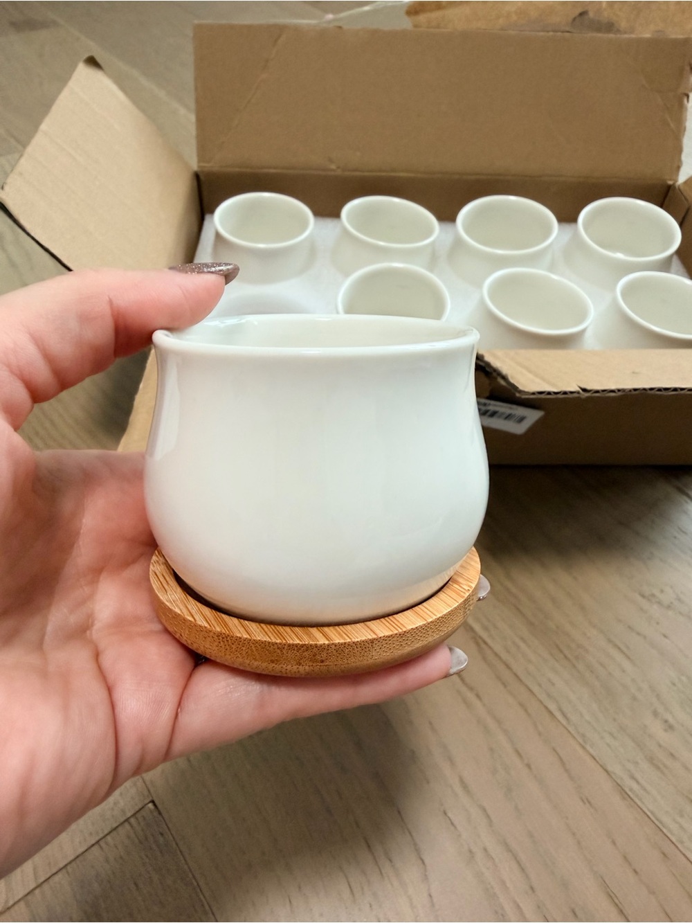 Set of 8 white succulent pots with bamboo saucers